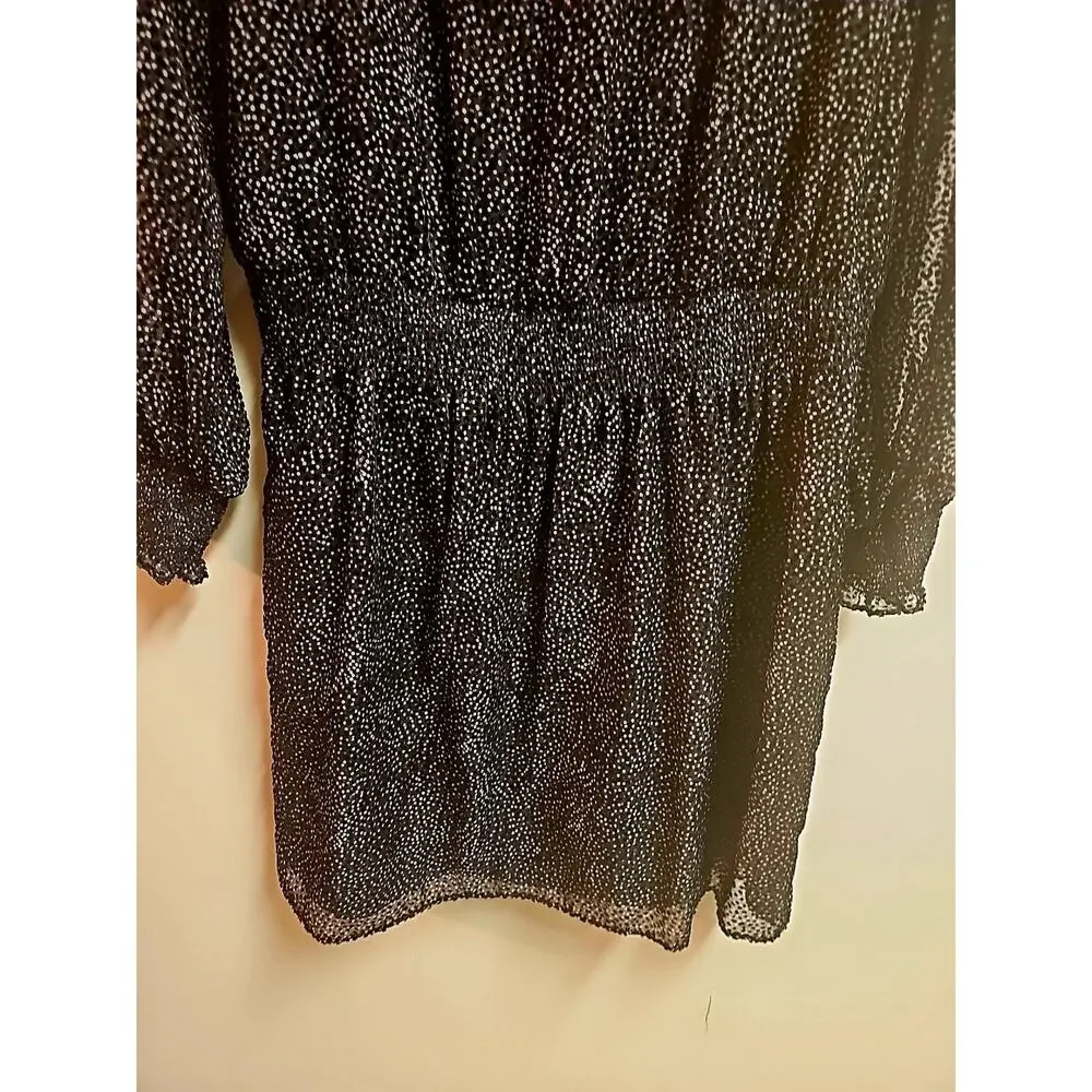 White House Black Market Polka Dot Long Sheer Gathered Sleeve,Shirred Waist SZ L
